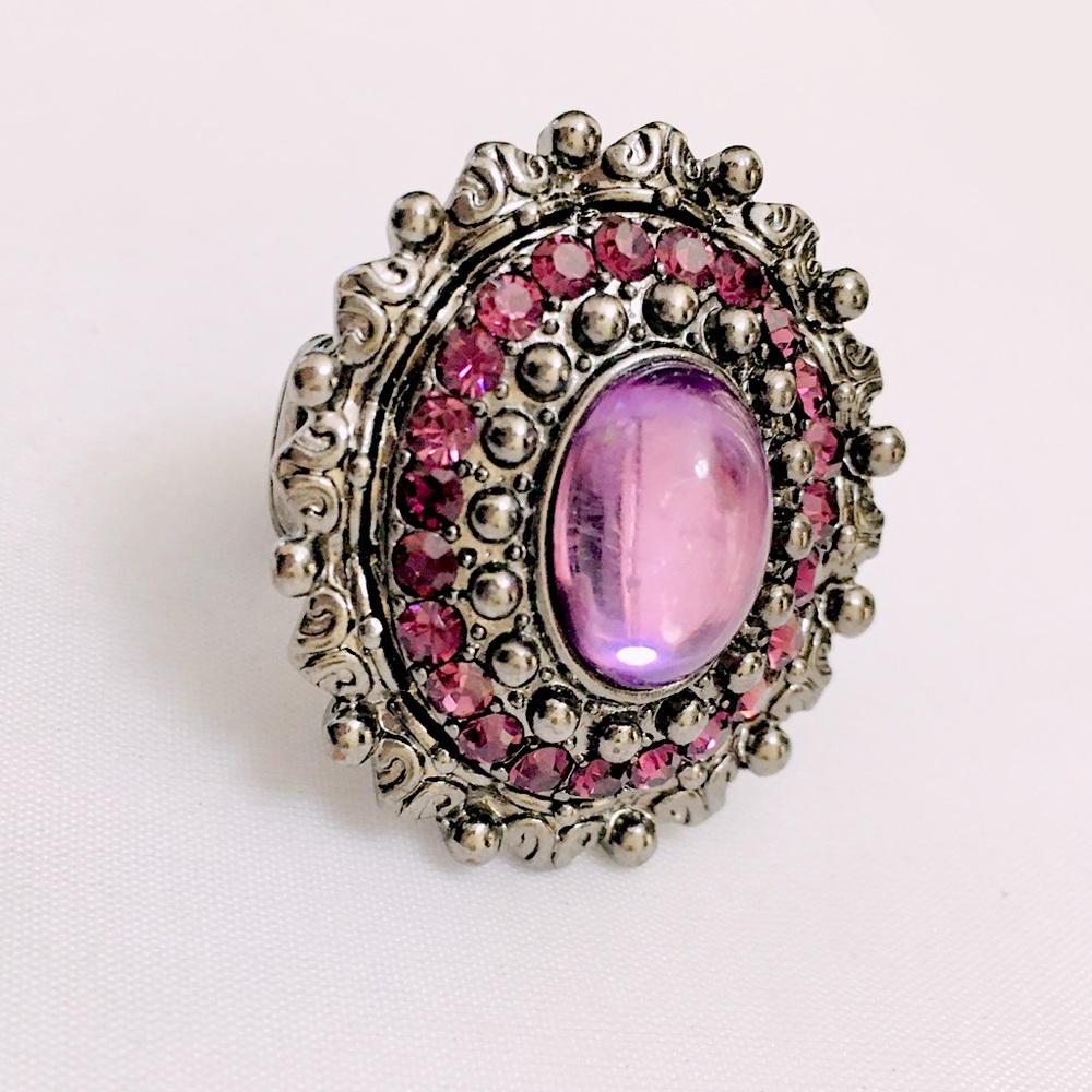 GORGEOUS Amethyst Purple Mirror Glass Gunmetal Ring